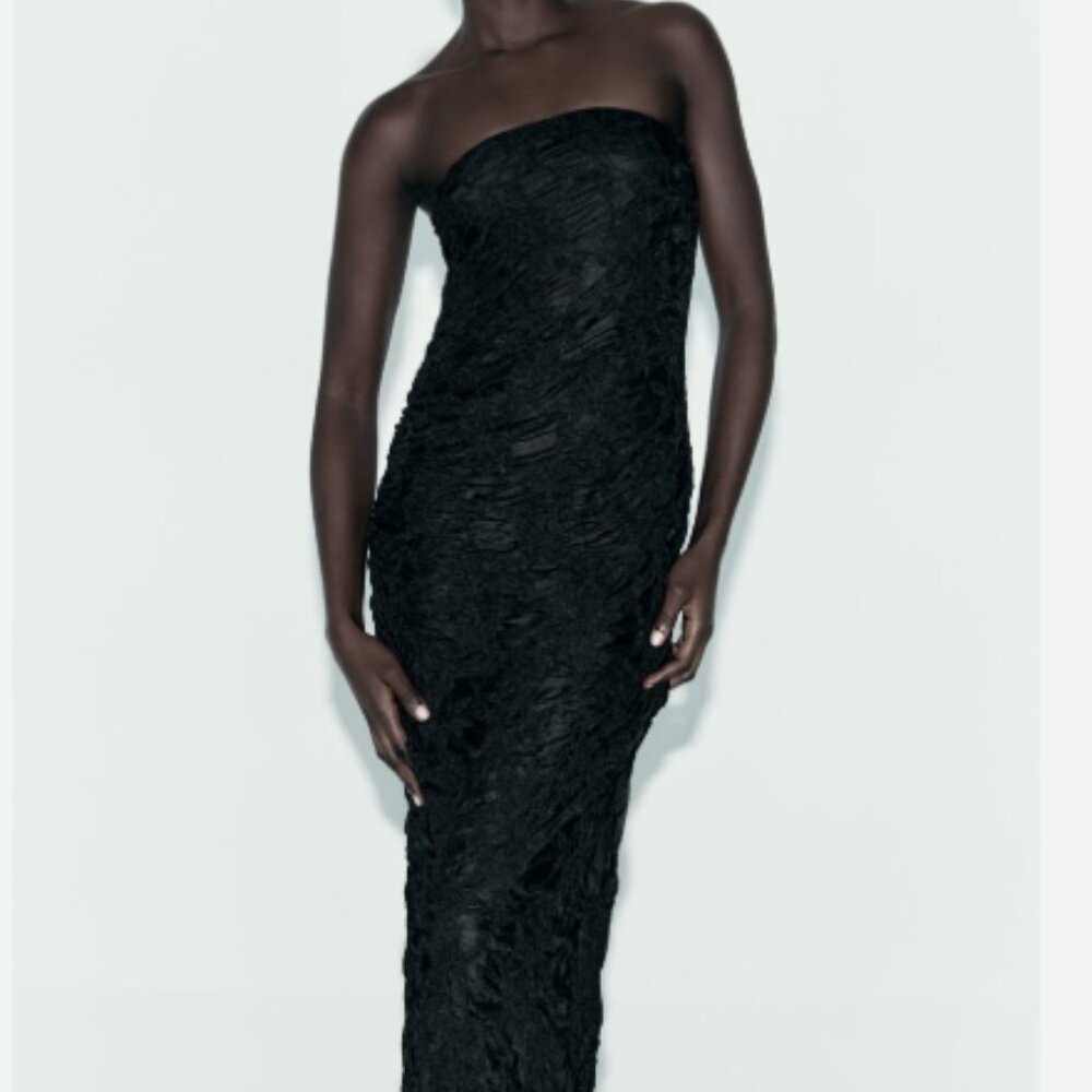 Zara Dress Women's Black Fitted Strapless Midi Dress Size Small New‎